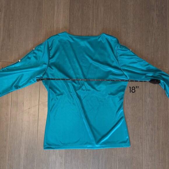 Moda International, Satin Statement Sleeve V Neck Blouse, Emerald Green, Sz M - Picture 2 of 8